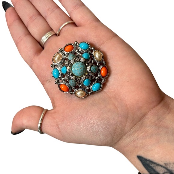 Premier Designs Jewelry - Vintage Premier Designs Faux Turquoise Coral Pearl Art Deco Brooch